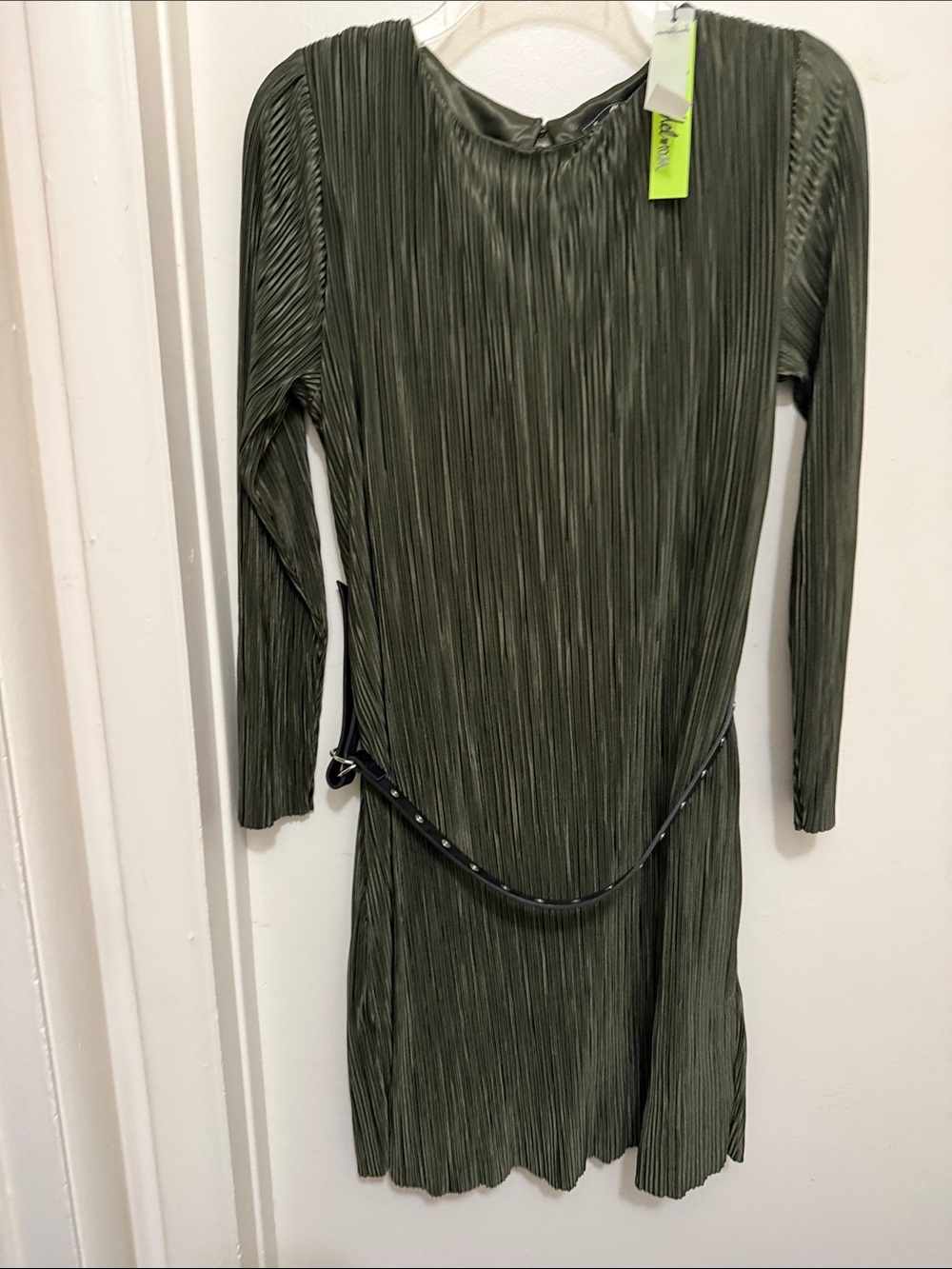 Sam Edelman Olive Green Pleated Long-Sleeve Dress